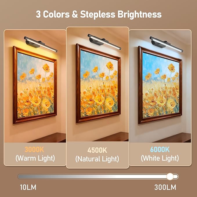 Glendan Wireless Picture Light for Wall: 16" Rechargeable Art Light with Remote & Timer, 5000mAh Battery Operated Poster Lights, 3 Color Modes & 3 Brightness Levels for Pictures, Gallery, Frame