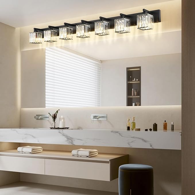 Aipsun Black Vanity Light Crystal Bathroom Lighting Fixtures Modern Bathroom Vanity Light 7 Light (Exclude Bulb)