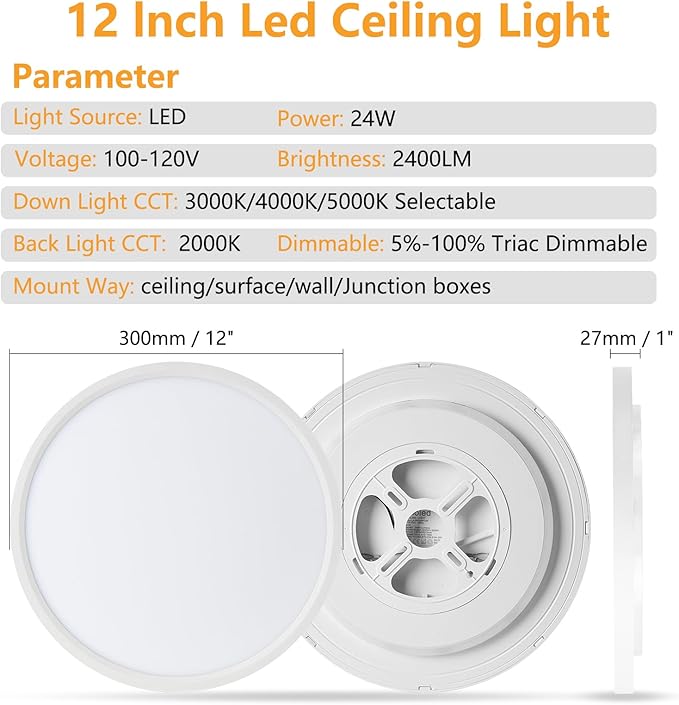 2Pack 12 Inch 2400LM LED Flush Mount Ceiling Light with Night Light, 24W Dimmable & 3000K/4000K/5000K 3CCT Selectable, Slim Round Light Fixtures for Bedroom, Black