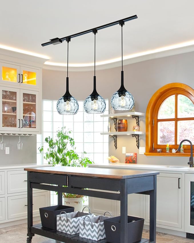 VINLUZ 3 Pack Pendant Light with Blue Round Ribbed Glass Shade, H-Type Track Lighting Fixture Farmhouse Chandelier for Dining Room in Black Finish