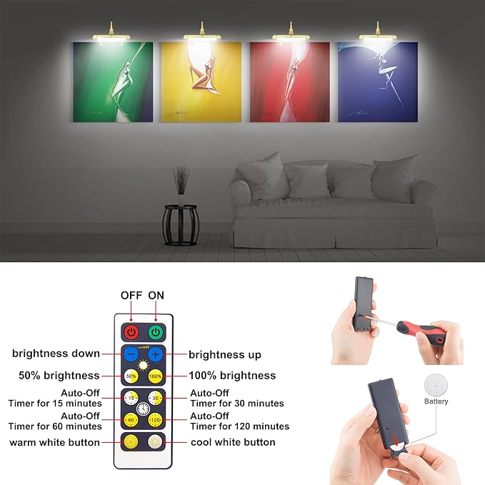 LUXSWAY Wireless Picture Frame Led Lighting,Rechargeable Art Display Lighting Clip on Pictures,Over Painting Lights with Remote,Artwork Lamp with Flexible Neck,28 LEDs 3 Lighting Modes 200LM-Gold