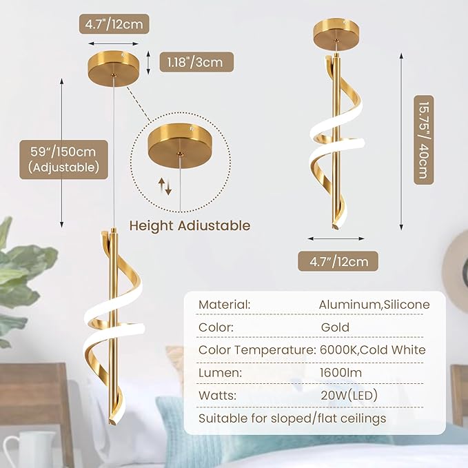 CANEOE Gold Pendant Light Fixtures, Adjustable Modern Pendant Lights Kitchen Island Small Pendant Lighting for Kitchen Island Dining Room Living Room Bedroom Hanging Light Fixtures,1 Pack (Gold,6000K)