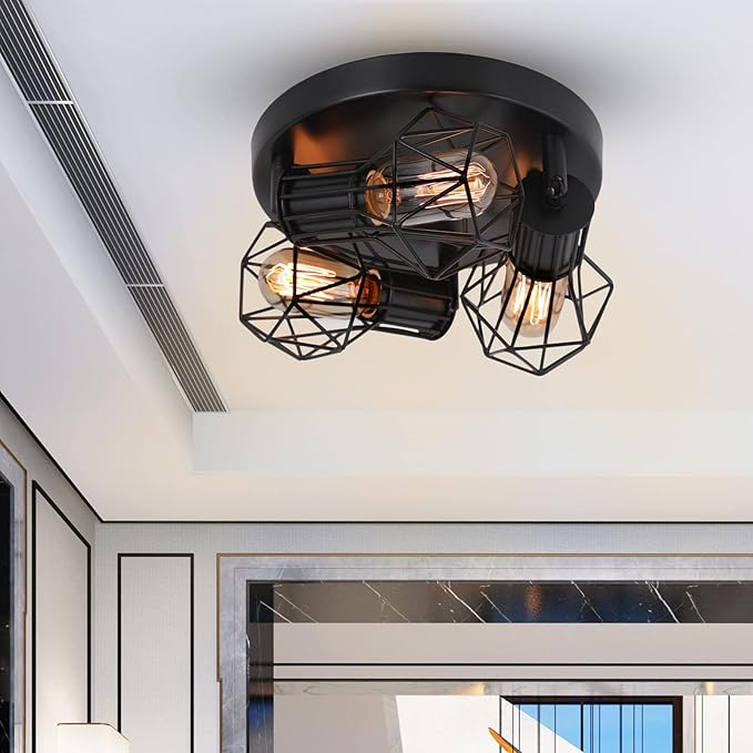 3-Light Flush Mount Ceiling Light Fixture, Industrial Kitchen Light Fixtures Ceiling, E26 Black Farmhouse Ceiling Light Fixture Black for Dining Room Hallway Entryway