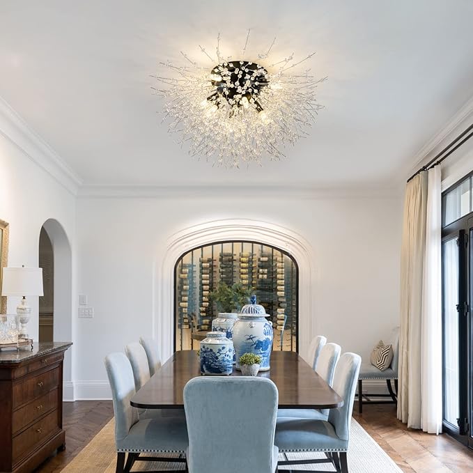 CM MZY Sputnik Flush Mount Ceiling Light Fixtures, Modern Black Crystal Firework Chandelier, 8-Light Close to Ceiling Lighting Fixtures for Bedroom Kitchen Hallway Entryway(H11.8'' x W21.5'')