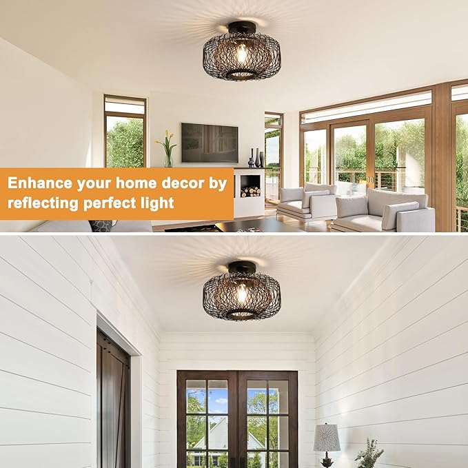 13" Black Boho Rattan Ceiling Light - Handwoven Bamboo Shade, Matte Black Base, Flush Mount Farmhouse Lighting for Bedroom, Living Room (Brown Interior, E26)