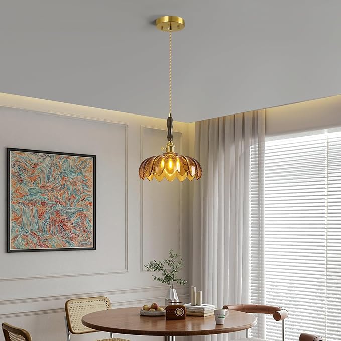 Modern Tawny Glass Pendant Light Retro Flower Glass Hanging Lamp Gold Brass Decorative Adjustable Ceiling Hanging Light Suitable for Kitchen Island Bedroom Dining Room Living Room