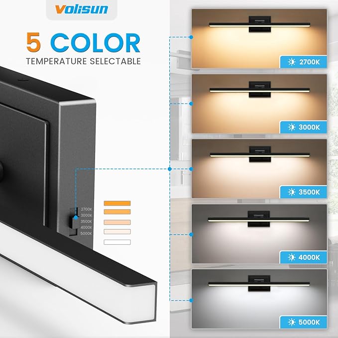 VOLISUN Modern Bathroom Vanity Light 15.7 inch, Rotatable, 12W Dimmable 5CCT Led Bathroom Light Fixture Over Mirror, Black Bar Vanity Light for Bathroom Mirror Restroom-ETL Certificated