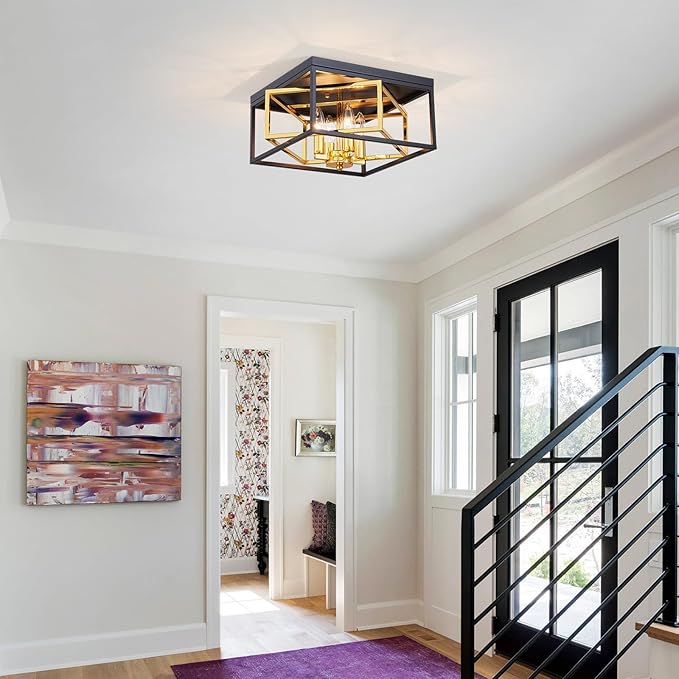 Square Ceiling Light, 4-Light Flushmount Modern Close to Ceiling Light Fixture for Living Room, Bedroom, Dining Room, L13 x W13 x H7 inch, Black & Gold Finish Frame
