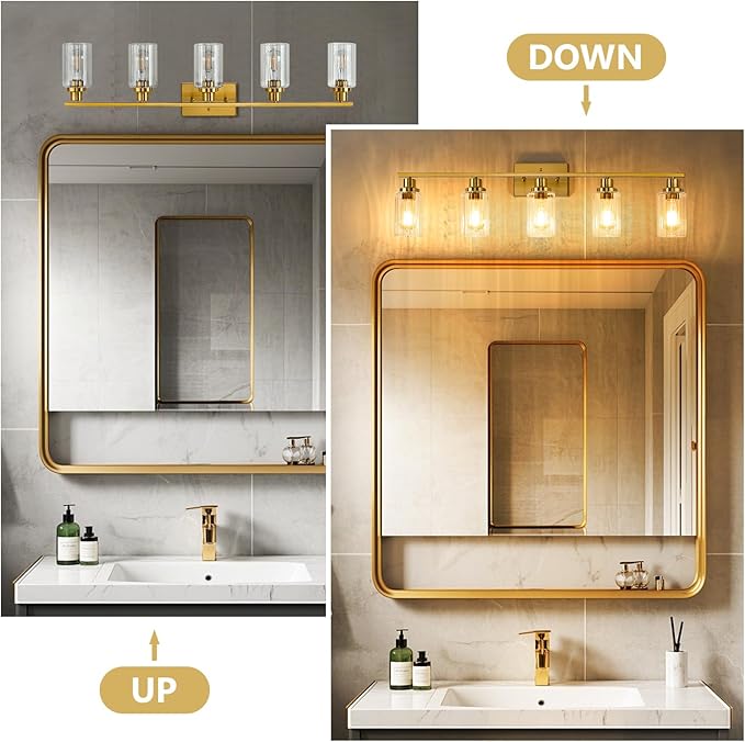 Jonsi Gold 5-Light Bathroom Vanity Light with Glass Shade, Modern Gold Bathroom Lights Over Mirror, W 40.2 x H 10.7 inches