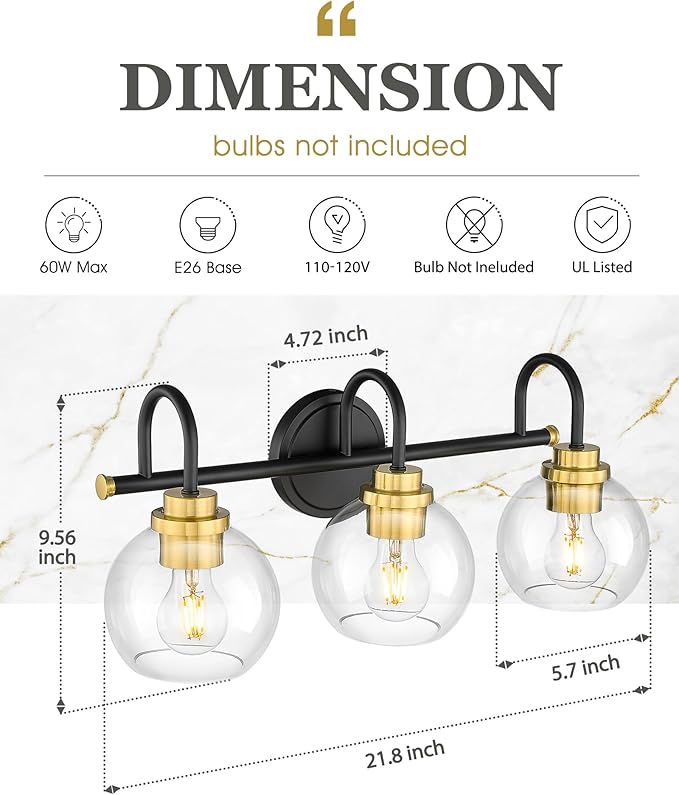 Bathroom Light Fixtures, 3-Light Black and Gold Vanity Lights with Globe Clear Glass, Modern Vanity Lighting Fixtures Over Mirror, AD-22280-3W-KG