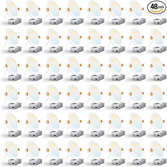 CHARKEE 48 Pack 6 Inch 5CCT Ultra-Thin LED Recessed Ceiling Light with Junction Box, 2700K-5000K, 1050LM High Brightness, Dimmable Canless Wafer Downlight,12W Eqv 110W, ETL & Energy Star & FCC