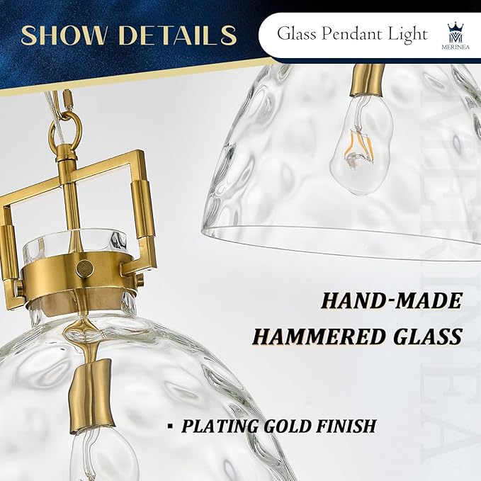 Glass Pendant Light, 13.8 Inch Single Hanging Ceiling Light with Adjustable Chain, E26 Base Oversized Clear Glass Kitchen Island Pendant Lighting in Brass Gold for Dining Room, Entryway