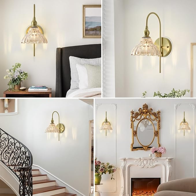 Vintage Wall Sconces with Amber Flower Glass Lampshade, Indoor Bath-Room Wall Sconce, Modern Gold Industrial Lighting Fixture for Mirror Living Room Hallway 1 Pack
