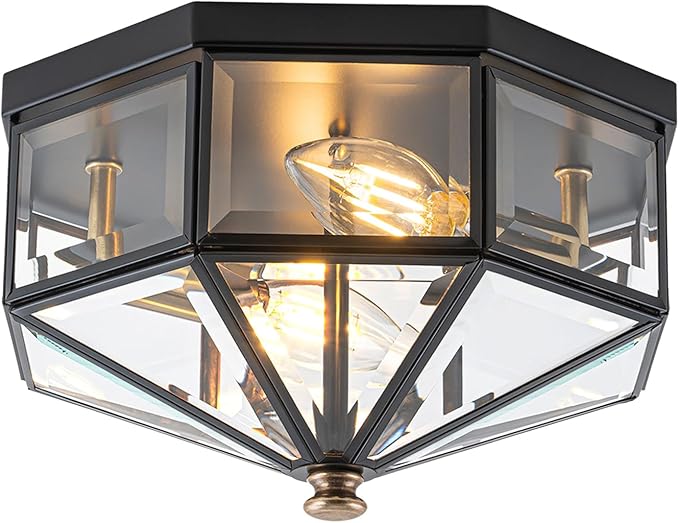 Flush Mount Ceiling Light Fixture, 2-Light Copper Outdoor Ceiling Lights, Octagonal Flush Mount Light with Clear Glass, Black Close to Ceiling Light for Hallway Bedroom Porch Balcony
