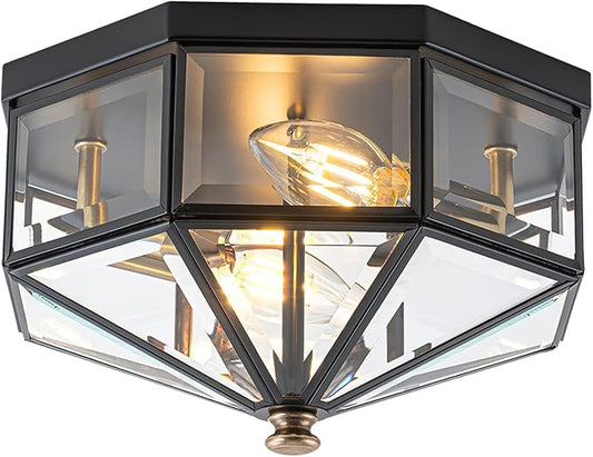 Flush Mount Ceiling Light Fixture, 2-Light Copper Outdoor Ceiling Lights, Octagonal Flush Mount Light with Clear Glass, Black Close to Ceiling Light for Hallway Bedroom Porch Balcony