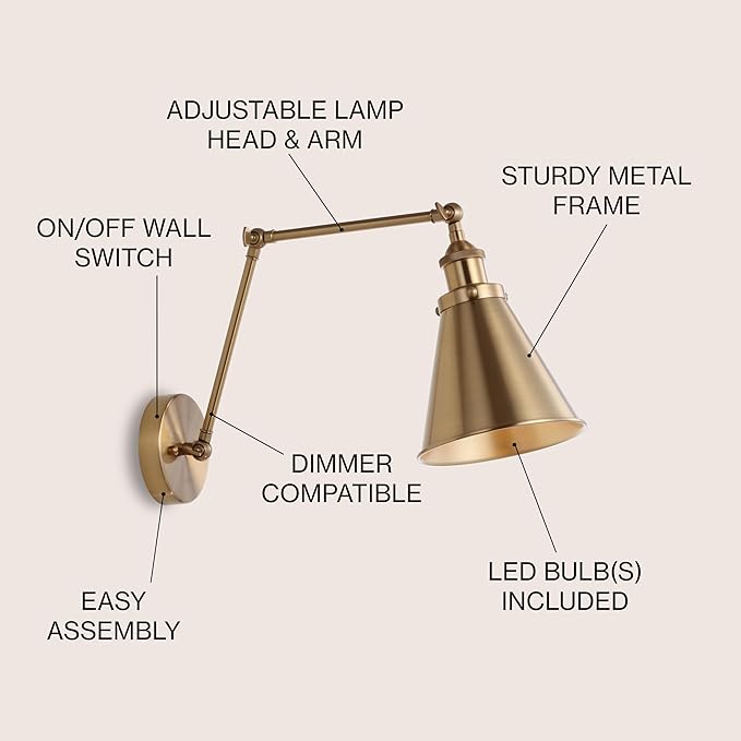 JONATHAN Y 7" Brass Gold Classic Industrial Metal Adjustable Arm LED Wall Sconce for Bedside Reading, Farmhouse Swing Arm Wall Lamp with Metal Shade, Hardwired (JYL7461A)