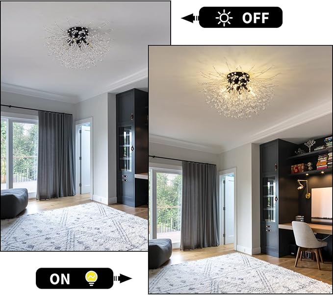 CM MZY Black Semi Flush Mount Ceiling Light Fixture, Modern Crystal Sputnik Firework Ceiling Lights, 6-Light Close to Ceiling Lighting Fixtures for Bedroom Kitchen Hallway Entryway Closet(Matt Black)