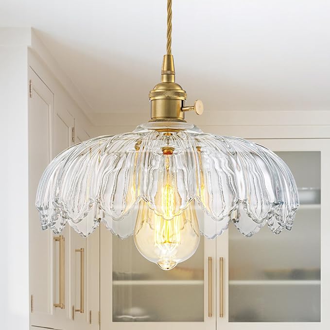 EDSILIVE Vintage Flower Glass Pendant Lights Kitchen Island 9.84" Antique Flower Clear Glass Hanging Ceiling Light Fixture with Adjustable Brass Twine Wire for Dining Room Kitchen Table, Gold Clear