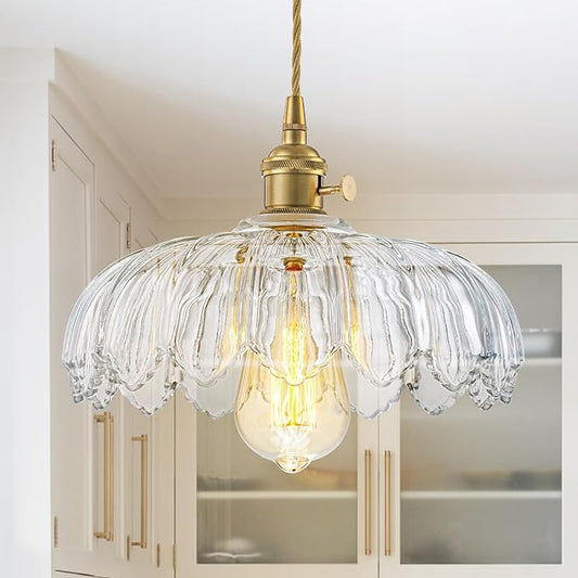 EDSILIVE Vintage Flower Glass Pendant Lights Kitchen Island 9.84" Antique Flower Clear Glass Hanging Ceiling Light Fixture with Adjustable Brass Twine Wire for Dining Room Kitchen Table, Gold Clear