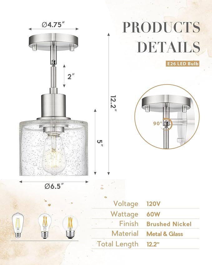 LMS Industrial Semi Flush Mount Ceiling Light, Brushed Nickel 1-Light Close to Ceiling Light with Seeded Glass Shade, Modern Ceiling Lmap for Hallway Corridor Kitchen, LMS-101BN