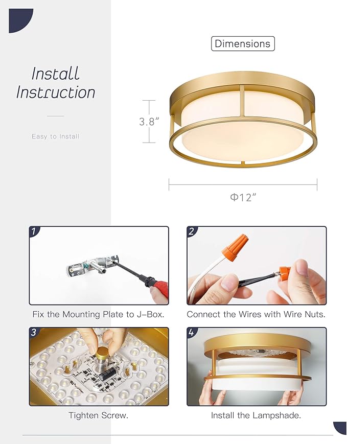 LED Ceiling Light Fixture, 12 Inch 24W 950Lumens Flush Mount Light Fixture, Dimmable 3000K, Gold Finish with Opal Frosted Glass, Round Close to Ceiling Lights for Bedroom, Kitchen