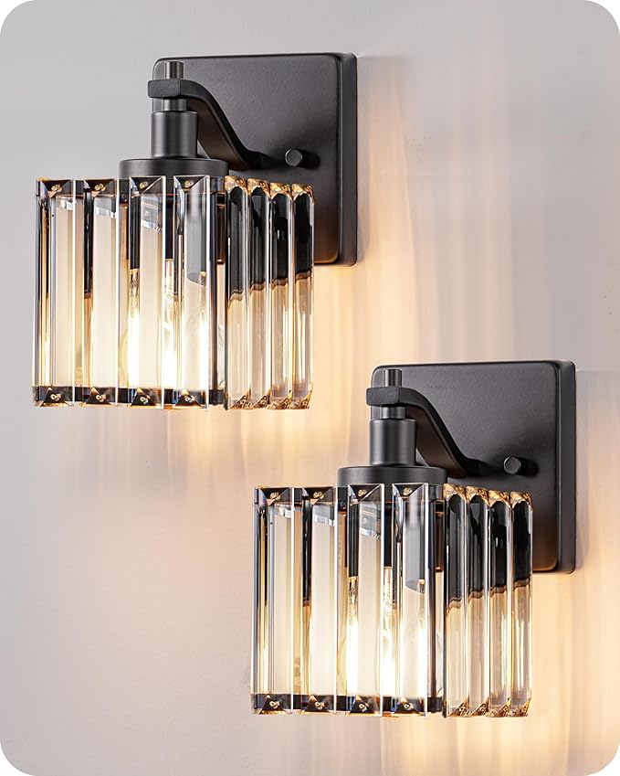 EDISHINE Hardwired Bathroom Light Fixtures, Modern Wall Sconces Set of Two, Crystal Bathroom Vanity Llight, Indoor Lighting Fixtures Over Mirror, Black Wall Lamp for Bedroom