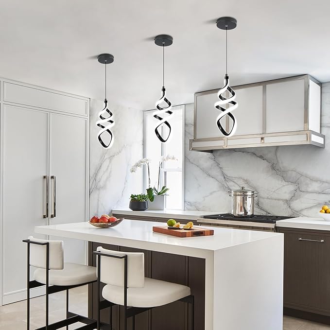 Modern Led Pendant Light Fixture, 15W Black Spiral Led Chandelier Hanging Lamp, 4500K Daylight White Pendant Lamp, Adjustable Height Pendant Light for Kitchen Dining Room Bedroom Kitchen Island Cafe