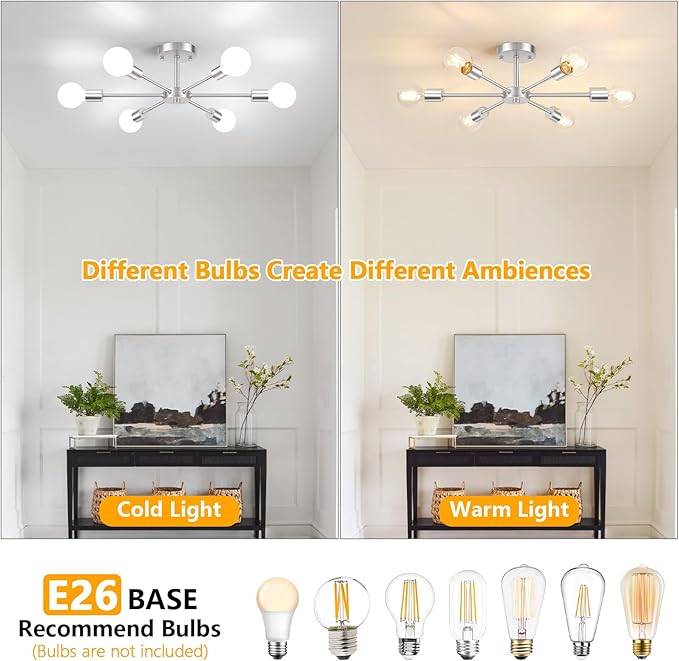 Lomoky 6-Lights Brushed Nickel Kitchen Light Fixtures Ceiling Mount, Modern Semi Flush Mount Ceiling Light, Sputnik Close to Ceiling Light for Bedroom Dining Room Hallway