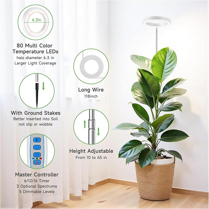 Aokrean Grow Light, 80 LEDs Full Spectrum Plant Light for Indoor Plants, Height Adjustable 10"-65" Growing Lamp with Auto Timer for 6/12/16Hrs,3 Optional Spectrums,5 Brightness, 1 Pack
