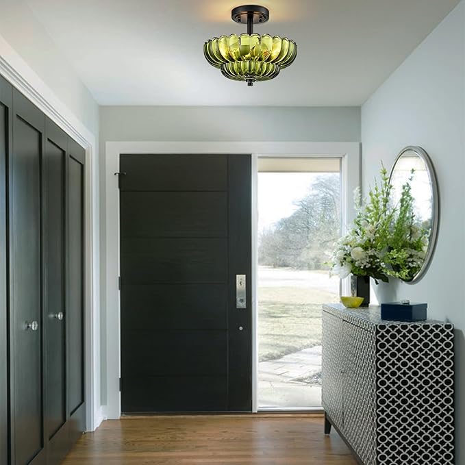 Semi Flush Mount Ceiling Light Fixture, Green Glass 3-Light Modern Vintage Ceiling Lights, Scalloped Close to Ceiling Light, Black Base Flush Mount Ceiling Light for Hallway Bedroom Entryway Kitchen