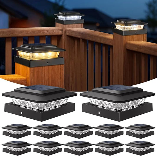 kolpop 4x4 Solar Post Cap Lights Outdoor 12Pack- 3 Color Temperatures& 2 Level Brightness, IP65 Waterproof, 16 LED Black Fence Deck Post Light Solar Powered Only for 4×4/3.5×3.5 Wood/Vinyl Posts