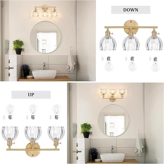 Shenmoyl Bathroom Light Fixtures, 3-Light Brass Vanity wall Light Over Mirror with Clear Tulip Glass Shade for Bedroom Living Room (Bulb Not Included)