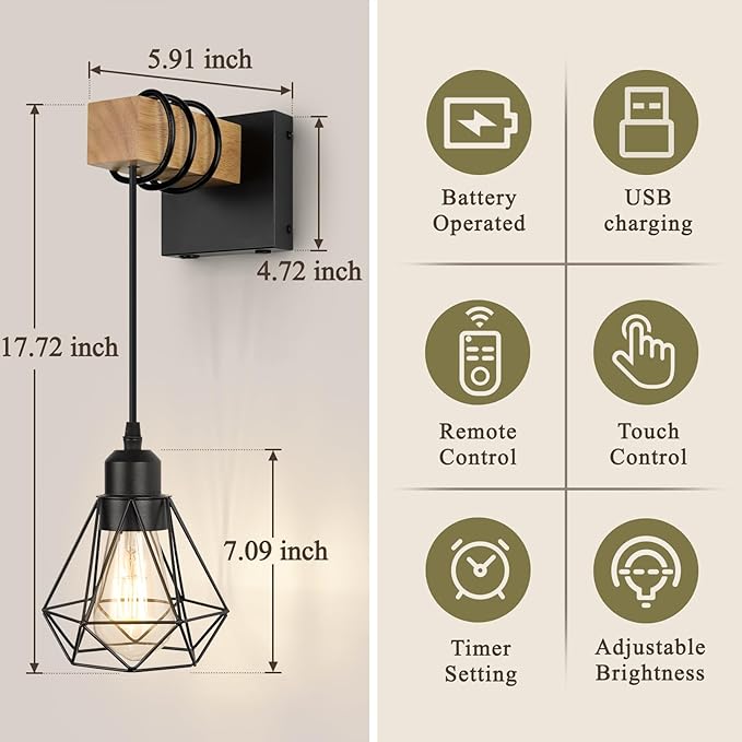 Battery Operated sconces Set of 2 for Bathroom, Dimmable Wall Sconces with Remote Control, Black LED Wireless Wall Lights for Living Room, Hallway, Bedroom(2 Pack)