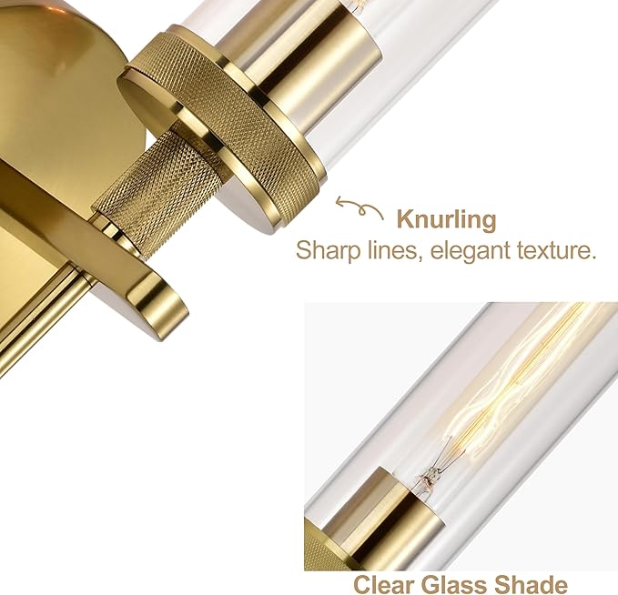 Gold Bathroom Light Fixtures Over Mirror, Hardwired Vanity Lights Set of 2 with Knurled Texture, Brushed Gold Wall Sconces with Clear Glass Shade, Modern Industrial Bathroom Lighting for Bedroom