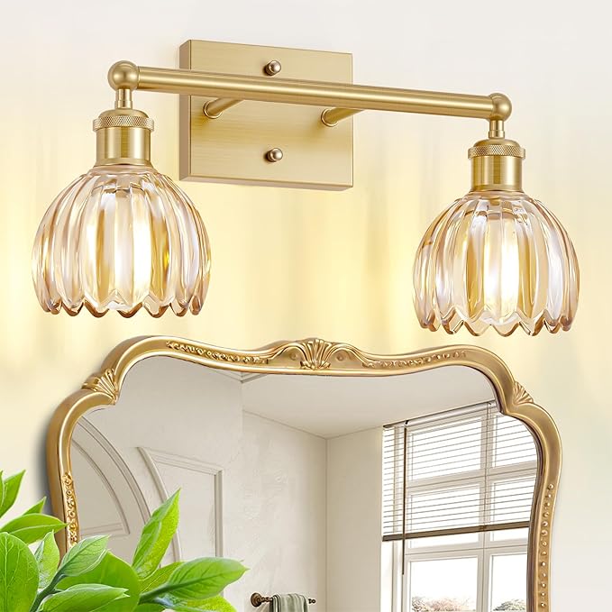 2 Light Bathroom Vanity Lights Over Mirror,Vintage Wall Sconce,Antique Brass Bathroom Light Fixtures,Tulip Sconces Wall Lighting with Amber Thick Glass Shade for Bedroom Living Room, E26 Base