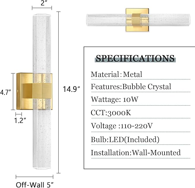 Gold LED Wall Sconce Lights Warm Light Modern Crystal Wall Lights Vanity Lighting Fixtures Sconces for Bathroom Living Room Bedroom Dining Room Hallway