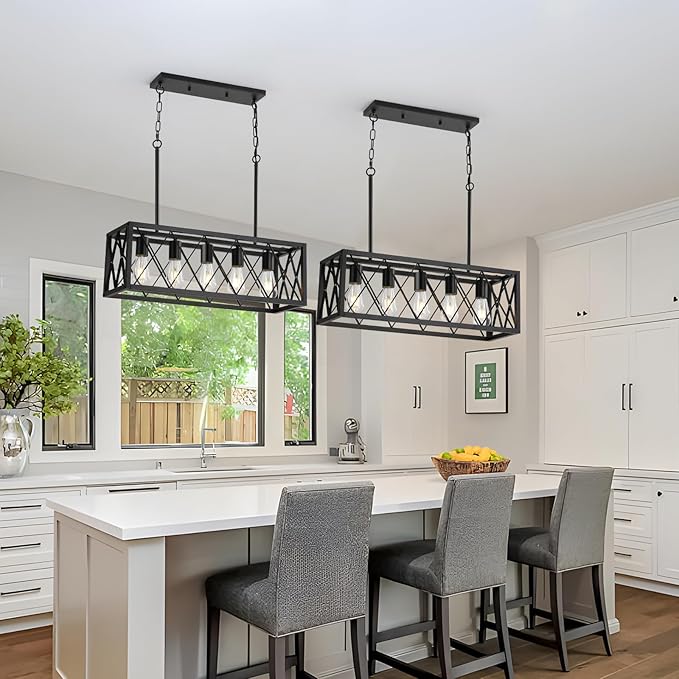 KEESFU Black Farmhouse Kitchen Island Lighting, 5 Lights Pendant Lighting Fixtures, Adjustable Height, Industrial Dining Room Light for Living Room Foyer Dining Table Over Sink.