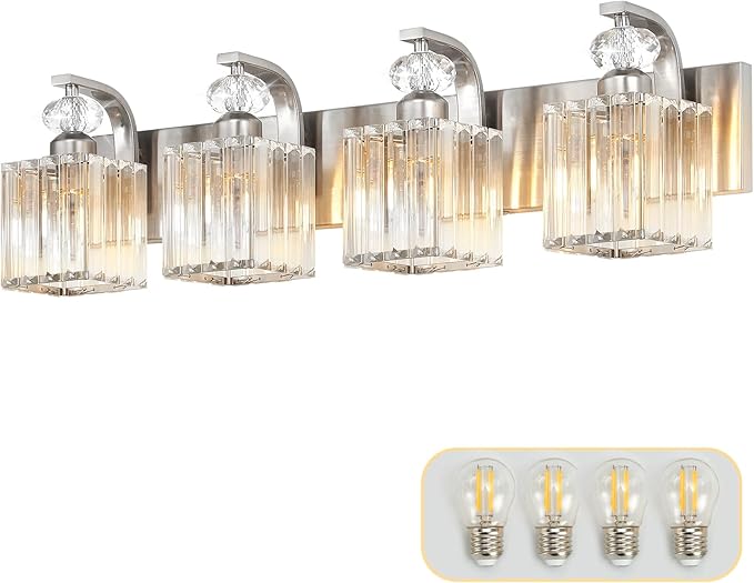 Modern Bathroom Vanity Light, 4-Light Nickel Bathroom Lighting Fixtures Over Mirror, 28.4" Crystal Wall Light Sconce for Bathroom/Bedroom/Vanity, Includes LED Bulbs, Easy Installation
