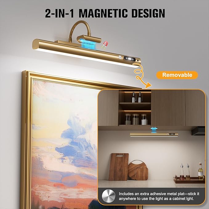 15.7'' Picture Lights for Wall with Motion Sensor, 9000mAh Rechargeable Battery Operated Poster Lights for Paintings, Portraits, Wall Decor, Gold