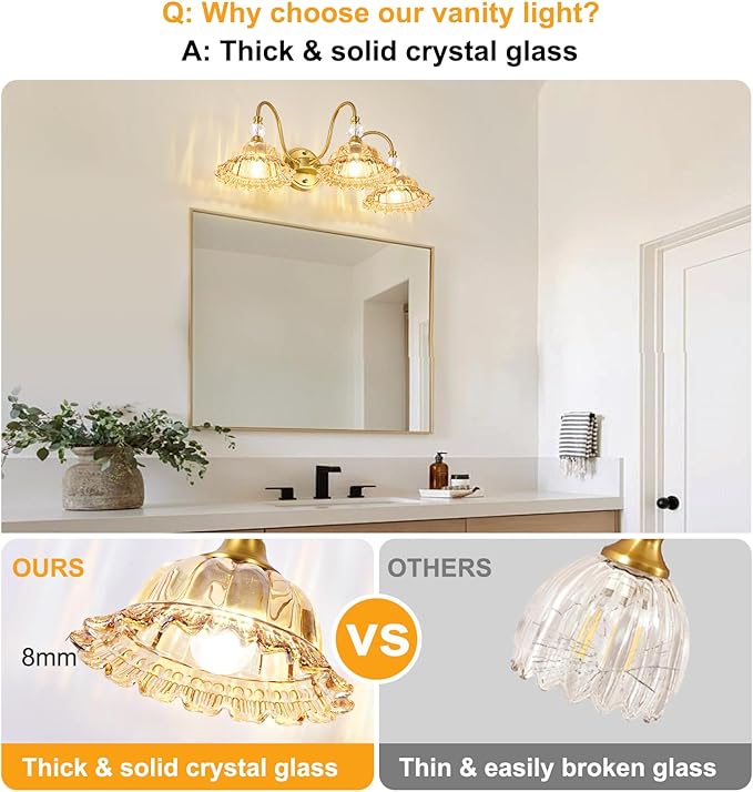 Mid Century Bathroom Light Fixtures 3 Lights Brushed Gold Vanity Lights for Bathroom with Floral Amber Crystal Glass Shade Bathroom Vanity Lighting Fixtures Over Mirror for Bedroom Living Room Hallway