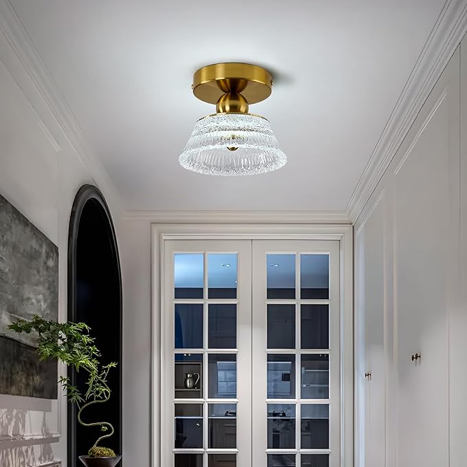 CVKASH Mini Gold Semi Flush Mount Ciling Light LED Modern Hallway Light Fixture Acrylic Close to Ceiling Lamp for Kitchen Living Room Bathroom Entryway Bedroom