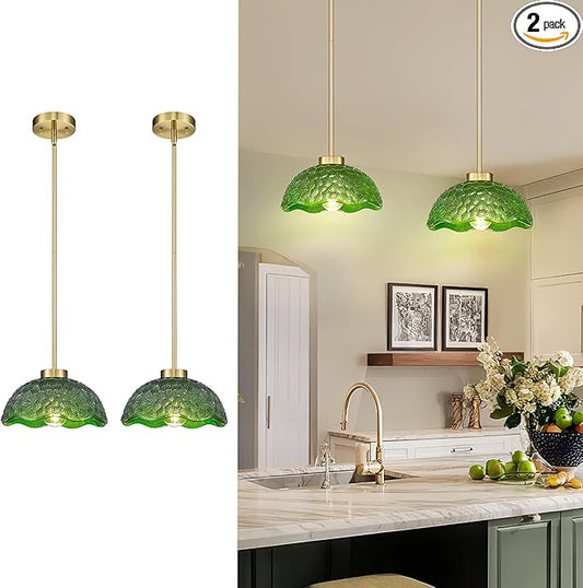 zeyu 10.4 Inch Green Glass Pendant Lightings, Brushed Gold 1 Light Island Light Fixtures, Hanging Lamps 2 Pack with Green Hammered Glass, ZJX116M1L-2PK BG G