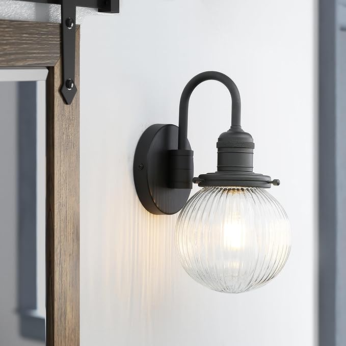 Yosoan 1-Light Brass Modern Vintage Indoor Wall Sconce, Vanity Single Luxury Hardwired Retro Textured Striped Globe Round Clear Glass Shade with Industrial Curved Rod Bathroom Lamp(Black)