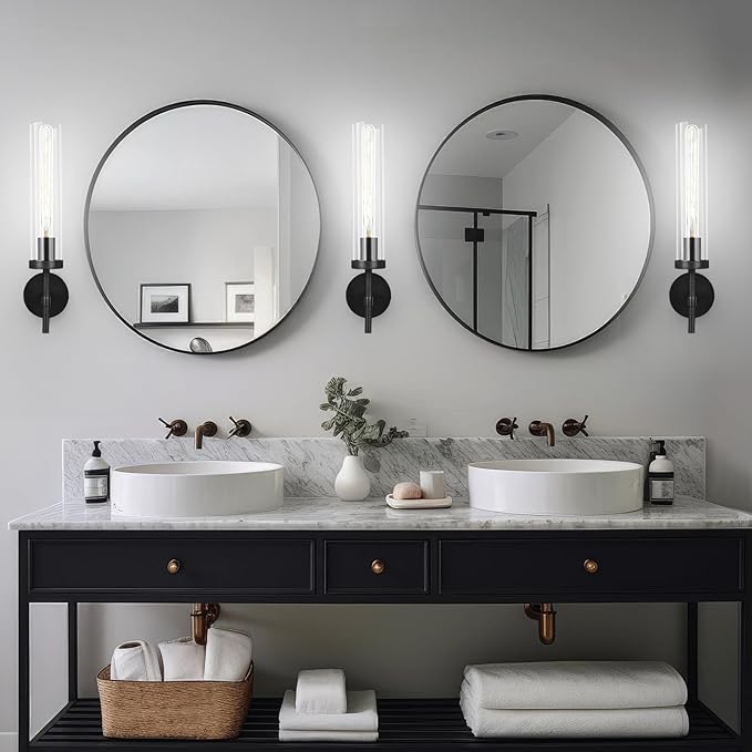 Brass Wall Sconces Set of Two with White Lights, 19.5'' Brushed Brass Knurled Bathroom Vanity Light Fixture with Clear Glass for Living Room Mirror Bedroom Stairs