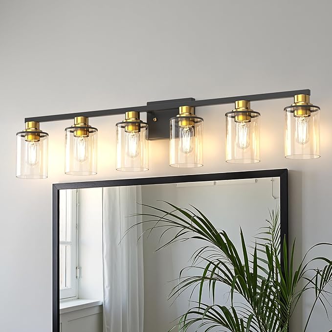 DORESshop Bathroom Light Fixtures, 6-Light Gold and Black Bathroom Lighting Fixtures Over Mirror with Clear Glass Shade, Vanity Lights for Hallway Living Room Bedroom