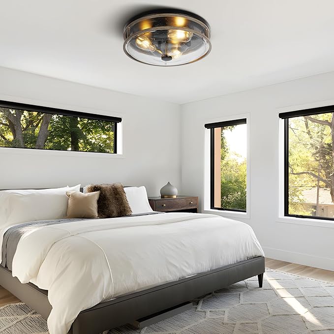 16 Inch Large Flush Mount Ceiling Light Fixture with Seeded Glass, Wood Grain Round Ceiling Lamp Shade, Modern Farmhouse Indoor Outdoor Ceiling Lighting for Kitchen Dining Living Room Foyer