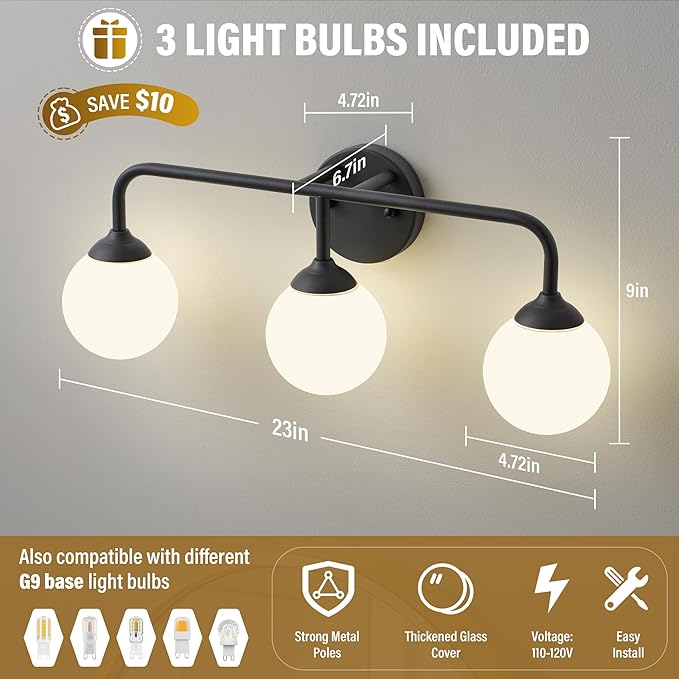 Bathroom Light Fixtures - 3 Light Brushed Brass Vanity Light Over Mirror for Bathroom Mirror Living Room Bedroom, Black Bathroom Wall Sconce with Frosted Glass Shade, 3 G9 Bulbs Included