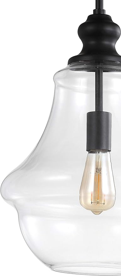 JONATHAN Y 12" Oil Rubbed Bronze 1-Light Iron and Glass Pendant Light, Adjustable Height Schoolhouse for Kitchen Island Foyer, Farmhouse Rustic Style, LED Bulb Included JYL9046B