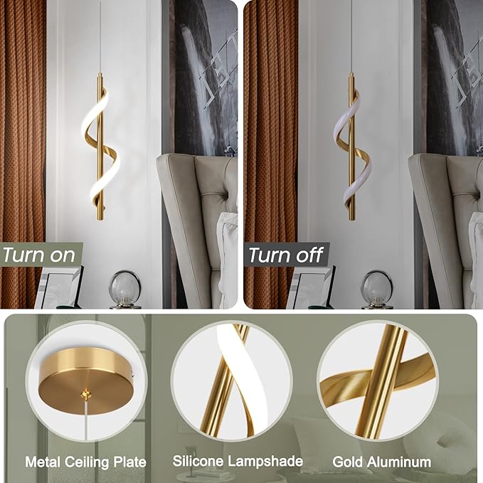 CANEOE Gold Modern Led Pendant Light,3000K-6000K Dimmbale Spiral Led Pendant Lamp, Adjustable Height Hanging Pendant Light Fixture for Dining Room Bedroom Kitchen Sink, 1 Pack
