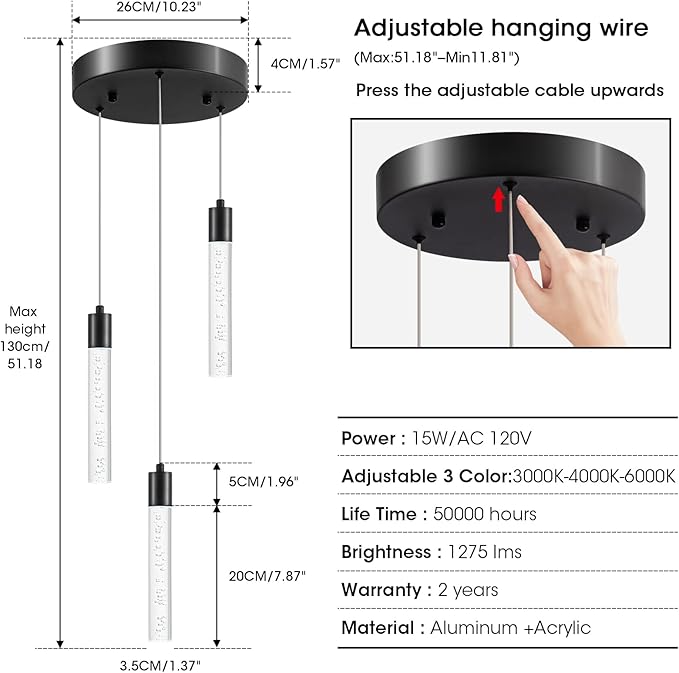 3 Black Pendant Lights Kitchen Island Modern with Adjustable Height - Clear Cylinder Island Lights, 3000-6000K Dimmable Kitchen Pendant Lighting for, Dining Room, Bar Counter